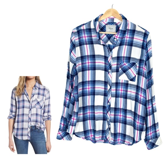 Rails Hunter Plaid Flannel Long Sleeve Button Up Top Ivory Bluebell Pink Large - Picture 1 of 12